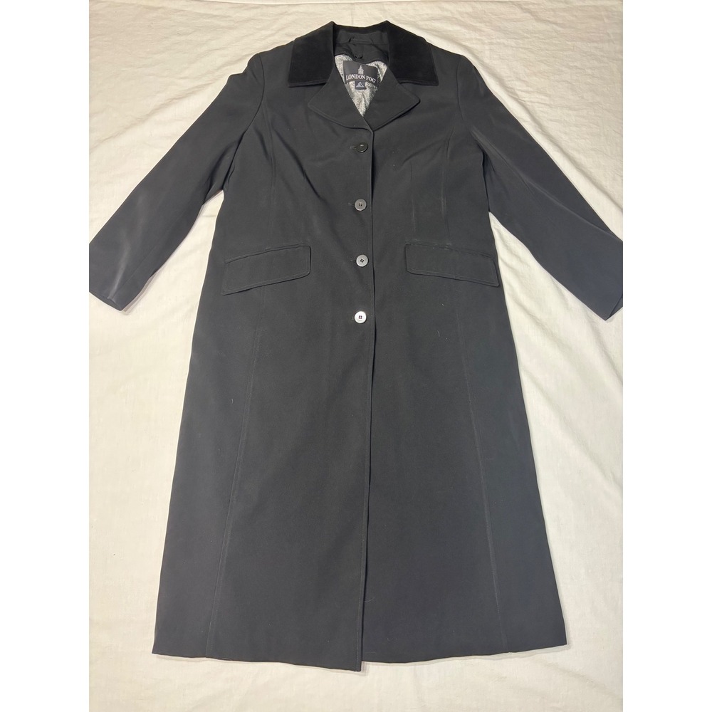 London Fog Black Long Trench Coat Velvet Collar Removable Liner Womens 8 Pet
